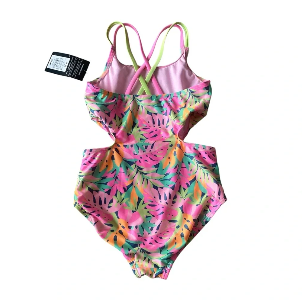 NWT art class Pink‎ and Green Leafy One Piece Swimsuit M C90